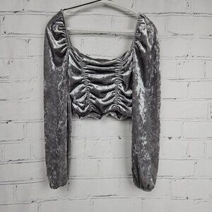 H&M Divided Ruched Velvet Crop Top Gray Womens M Long Sleeve Milk Maid Coquette